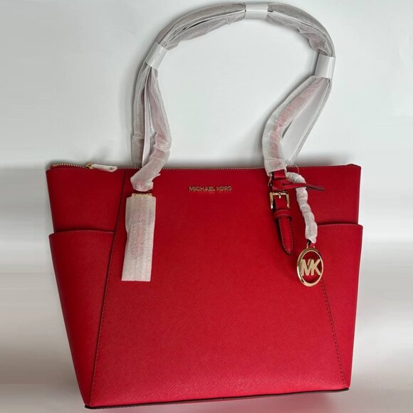 NWT MICHAEL KORS CHARLOTTE LARGE TOP ZIP SAFFIANO LEATHER TOTE BAG BRIGHT RED - Picture 13 of 16